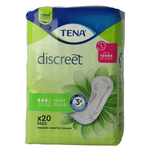 Tena Lady Mini Discreet Plus incontinence pads, 20-pack, showing compact absorbent pads for discreet protection