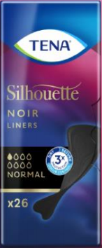 Tena Silhouette noir incontinence liners, 26-pack, soft and discreet for comfortable protection.