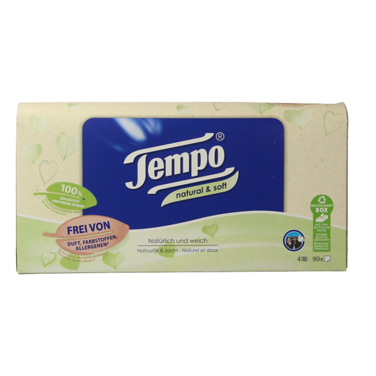 Box of Tempo Tissue soft 4-layer tissues with 90 sheets, featuring natural design, ideal for daily use.