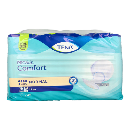 Tena Proskin Comfort Normal incontinence pads, 42 pieces, showing the packaging and product details.