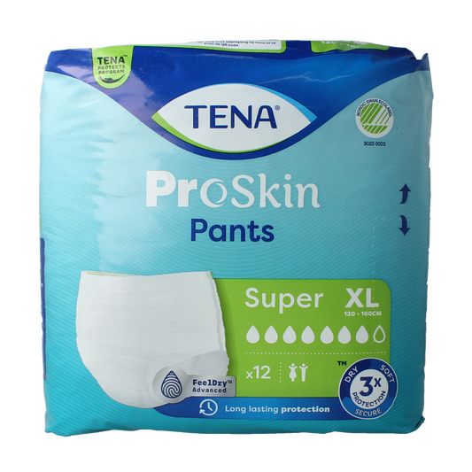 Tena Proskin Super XL incontinent pants in a pack of 12, designed for secure and comfortable incontinence protection.