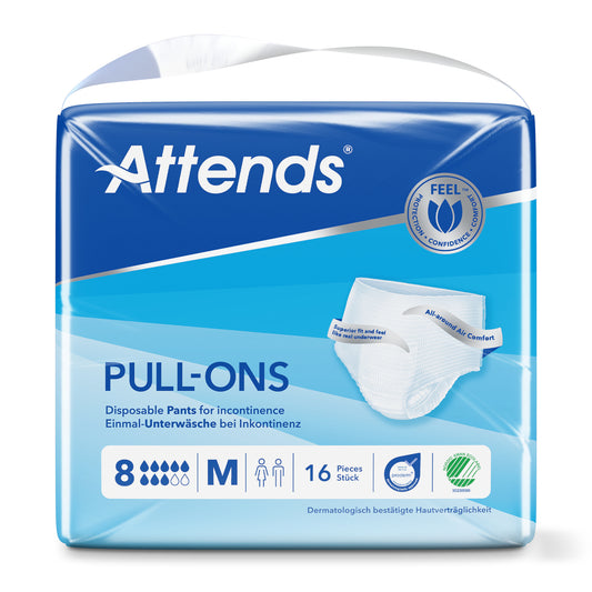 Pack of 16 Attends Pull-ons size M incontinence diapers, showing white protective underwear with elastic waist and leg cuffs.