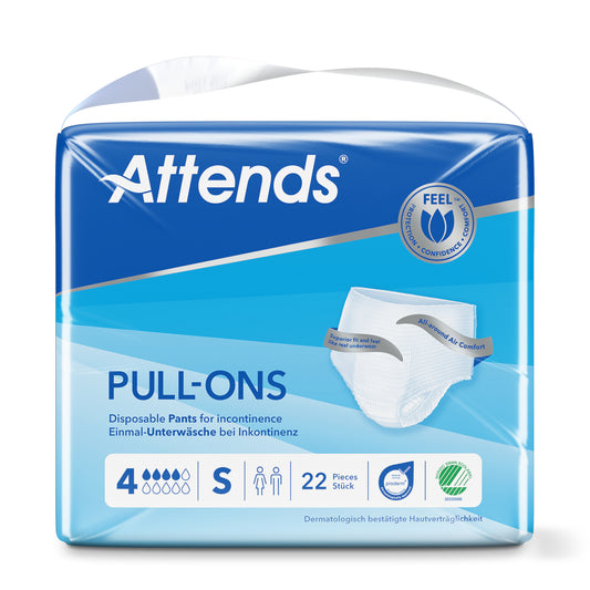 Attends Pull Ons incontinentie in maat S, a pack of 22 adult incontinence pull-up diapers, shown in the image.