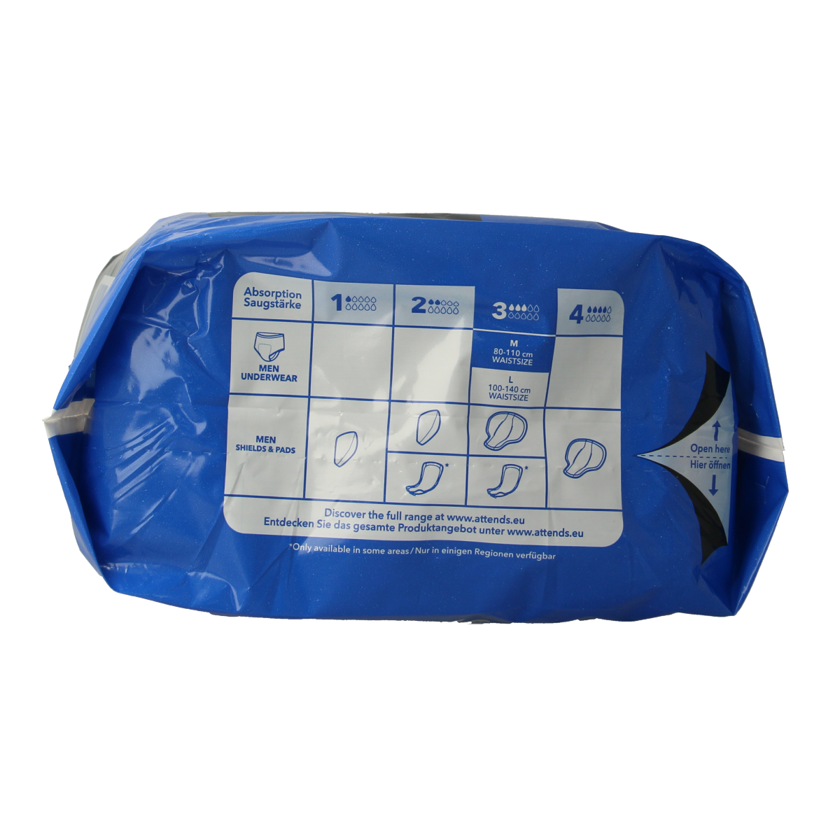 Attends Men discreet incontinence underwear in black, size M, 10-pack, showing the discreet fabric and brief design.