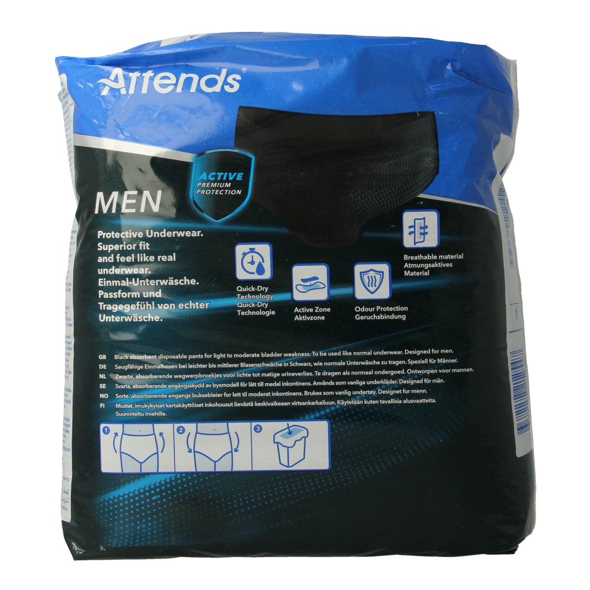 Attends Men discreet incontinent underwear in black, size M, displayed in a pack of 10.