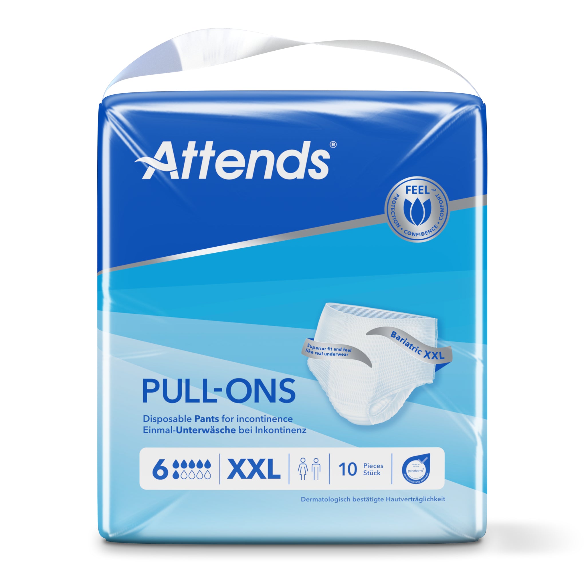 Attends Pull-ons XXL incontinentie in verpakking van 10 stuks, display van 6 maat producten, geschikt voor volwassenen.