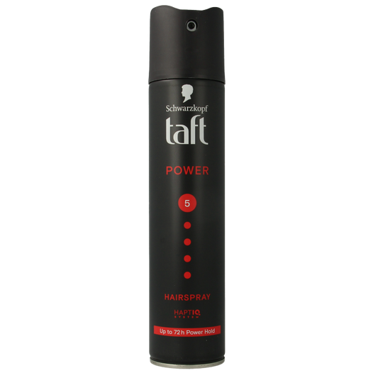 Taft Hairspray Power 250ml bottle, hair styling product with spray nozzle, designed for strong hold and volume.