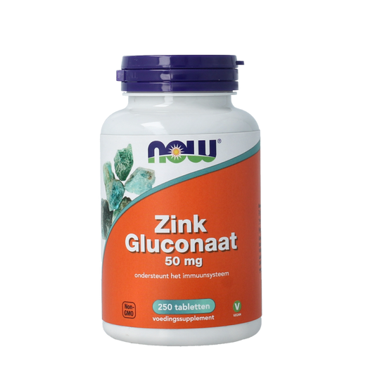 NOW Zink Glucoraat 50mg mineral supplement tablets, showing a bottle of zinc dietary supplement from NOW.
