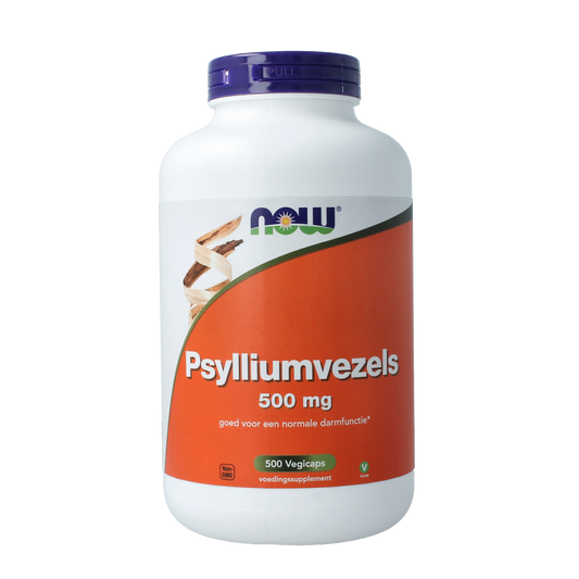 NOW Psylliumvezels 500mg vegetarian capsules, dietary fiber supplement in clear bottle with capsules visible inside.