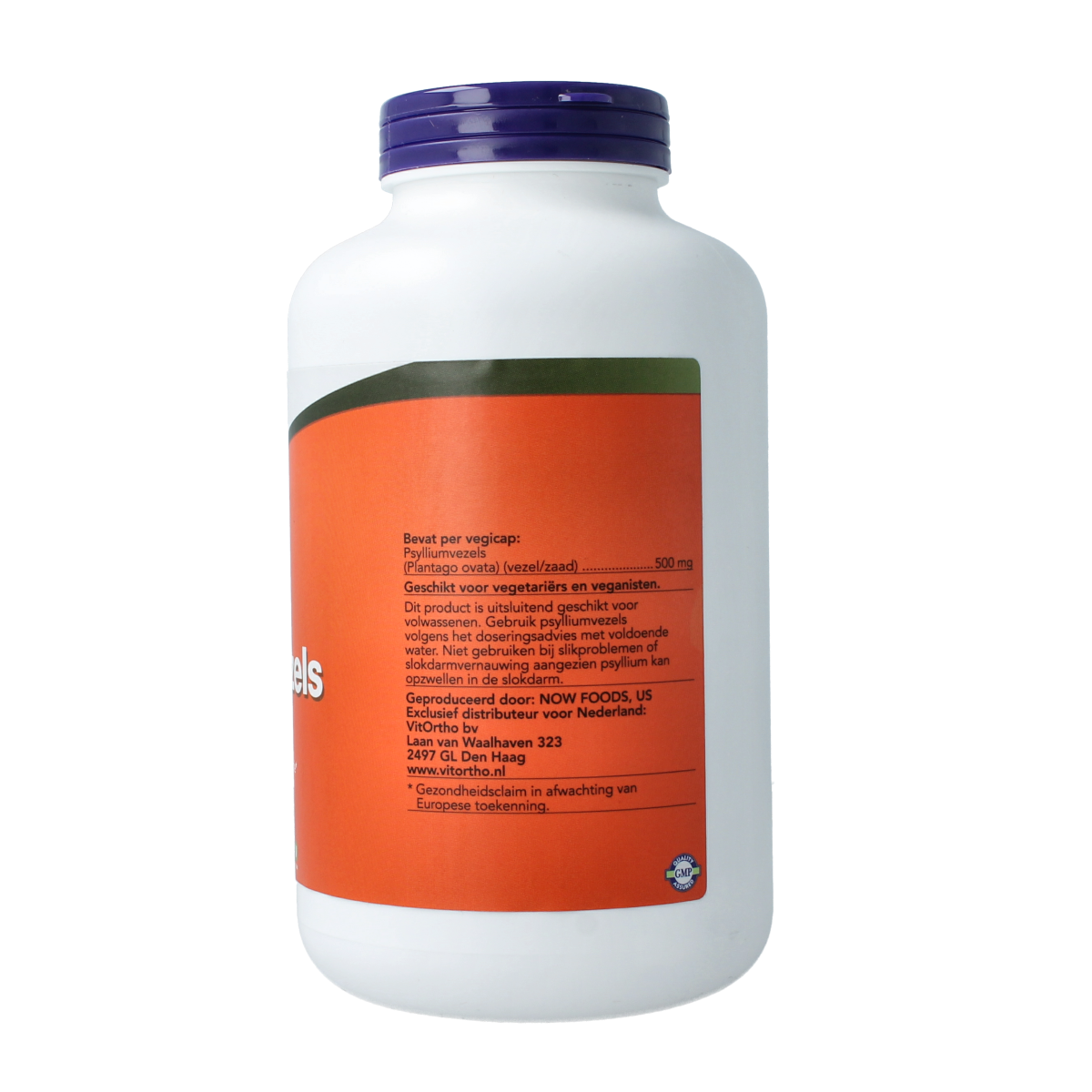 NOW Psylliumvezels 500mg vegetarian capsules, dietary fiber supplement in a clear bottle with green label.
