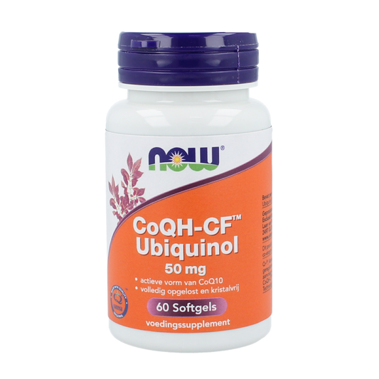NOW Co-Q10 Ubiquinol 50mg softgels, dietary supplement with 60 softgel capsules, in a clear bottle with label.