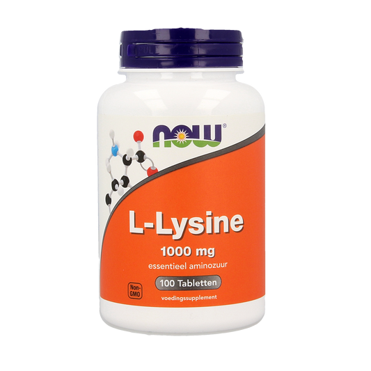 NOW L-Lysine 1000mg amino acids tablets, 100-count bottle, dietary supplement for immune support and overall health.