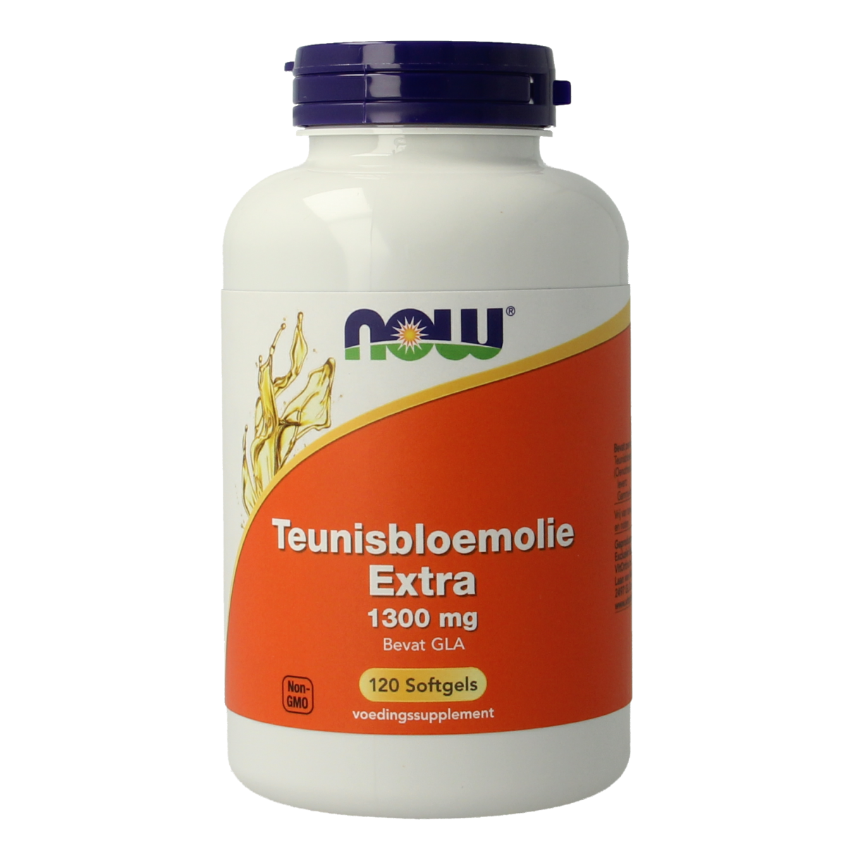 NOW Teunisbloem extra 1300mg softgels, omega fatty acids supplement in clear softgel capsules with yellow oil inside.