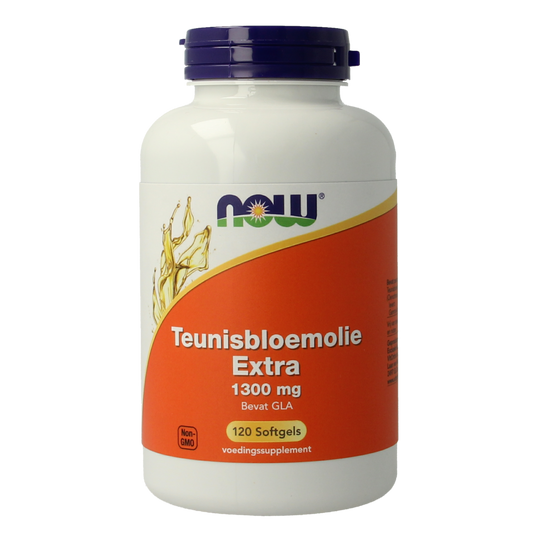 NOW Teunisbloem extra 1300mg softgels in bottle, dietary supplement for healthy fatty acids, softgel capsule packaging.