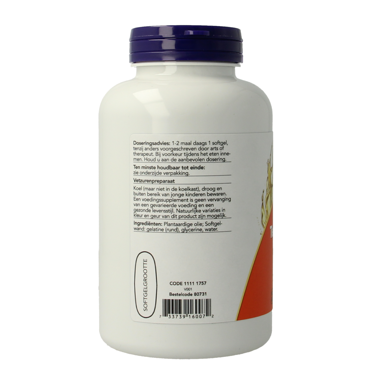 NOW Teunisbloem extra 1300mg softgels, omega fatty acids supplement in a clear bottle with softgel capsules inside.