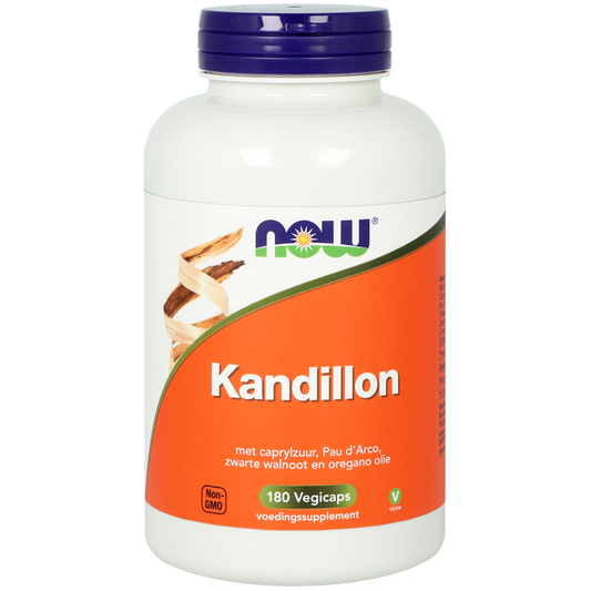 NOW Kandillon vegetarian capsules in a clear container, showcasing herbal supplement capsules from NOW Kruidenpreparaten.