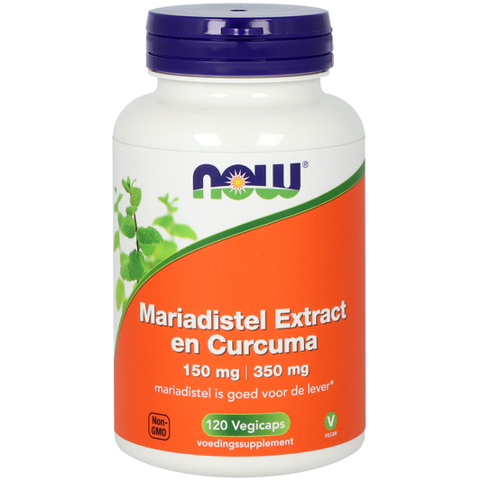 NOW Mariadistel extract 150mg with turmeric 350mg vegetarian capsules in a bottle, herbal supplement for liver support.