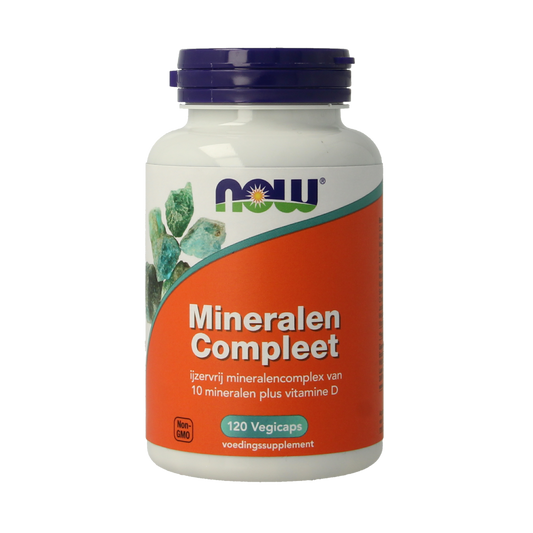 NOW Mineralen compleet vegetarian capsules, multi-mineral supplement in a clear bottle with white capsules visible inside.