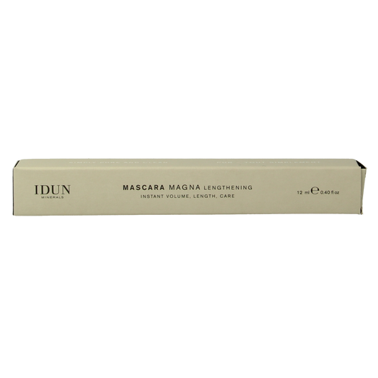 Idun Minerals Mascara magna lengthening makeup tube with black mascara brush and product label, 12 ml.