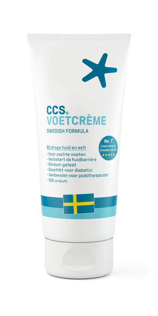CCS Voetcreme in a 175ml jar, nourishing foot care product with a white and blue packaging design.