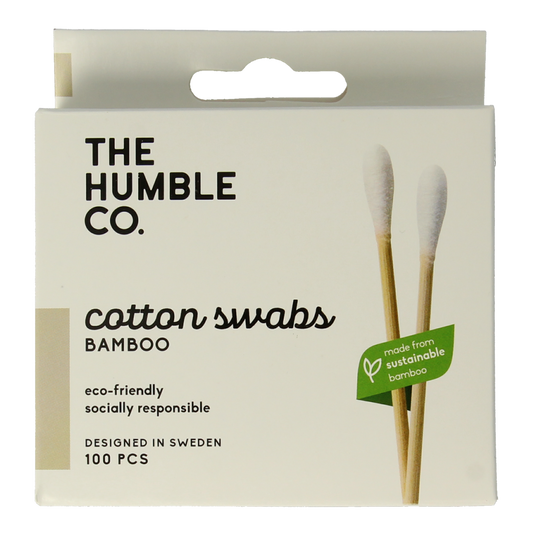 Bamboo cotton swabs for ear care by The Humble Co, 100-pack, white, eco-friendly wooden sticks for gentle ear cleaning.
