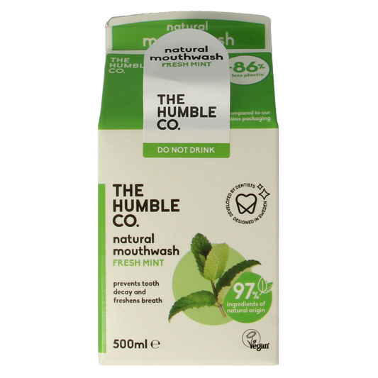 The Humble Co Mondwater fresh mint in a 500ml bottle, natural mouthwash for fresh breath, featuring mint flavor and eco-friendly packaging.