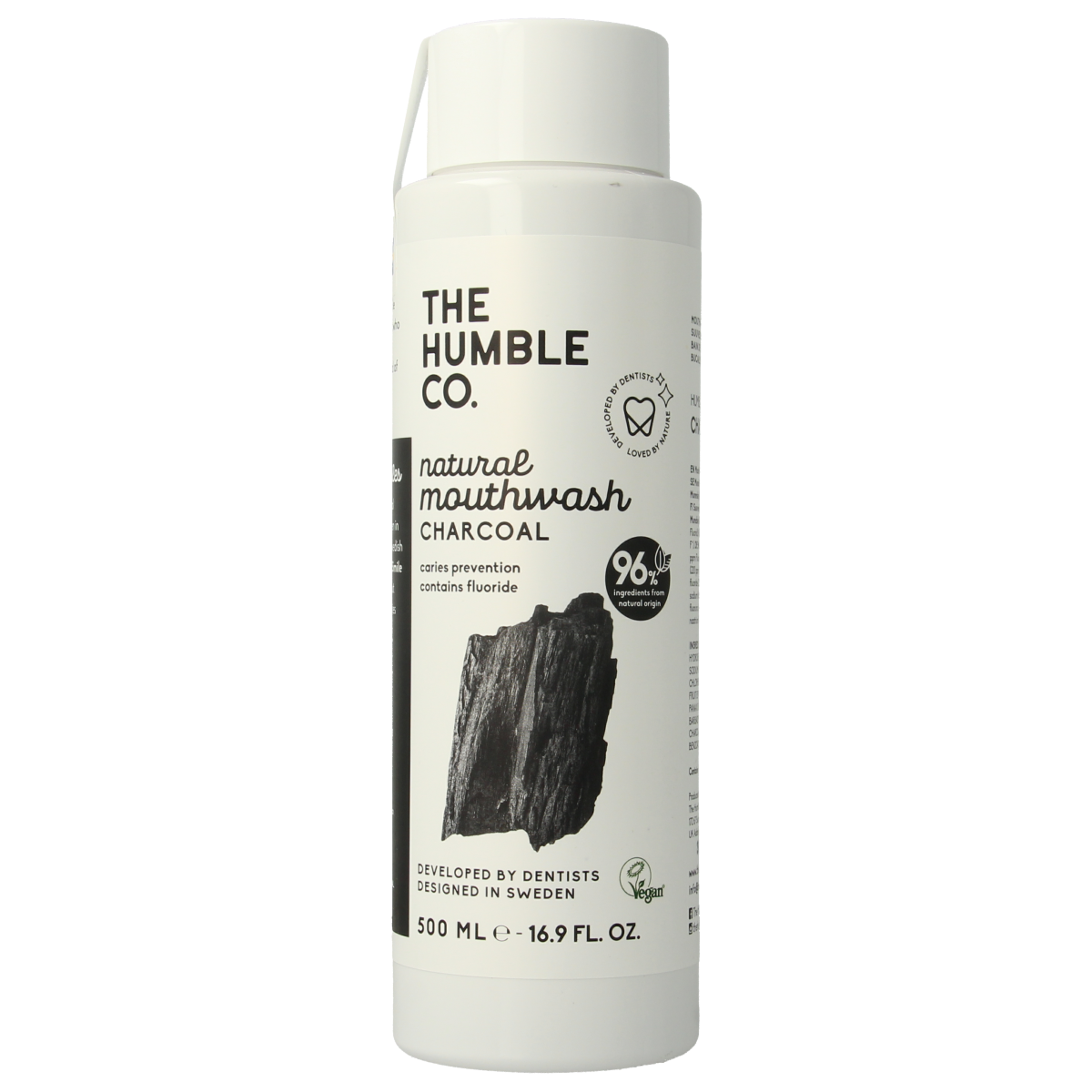 The Humble Co Mondwater Charcoal mouthwash in a 500ml bottle, natural oral hygiene product with black liquid content.