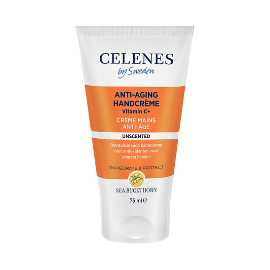 Celenes Sea Buckthorn hand cream in 75ml tube, nourishing hand care product with sea buckthorn extract, shown in the image.