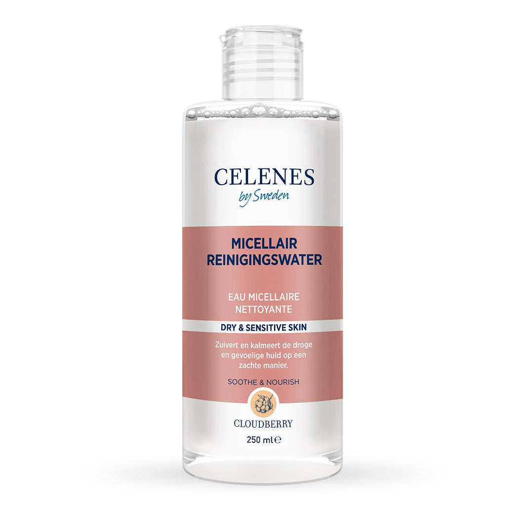 Celenes Cloudberry micellar water in a 250ml bottle, facial skincare product with clear liquid and label featuring cloudberry imagery.