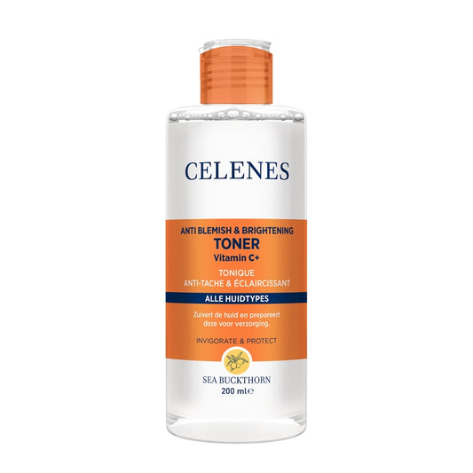 Celenes Sea Buckthorn Toner 200ml bottle for facial skincare, featuring a clear liquid inside a sleek transparent container.