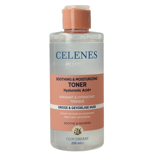 Celenes Cloudberry toner bottle for facial skincare, 200ml, with a clear label and minimalist design.