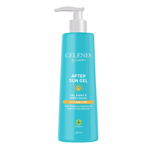 Celenes Herbal aftersun gel in 200ml tube, featuring a green and white label with herbal ingredients, designed for sun-exposed skin.