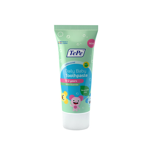 TePe Baby daily toothpaste in 50ml tube showing the gentle packaging designed for infants' oral care.