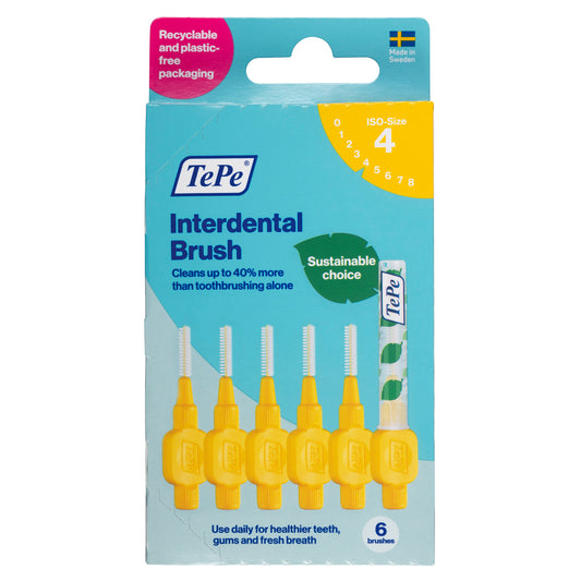 TePe Interdental Ragers Original geel, 0.7mm maat 4, set of 6 interdental cleaning sticks, designed for effective plaque removal.