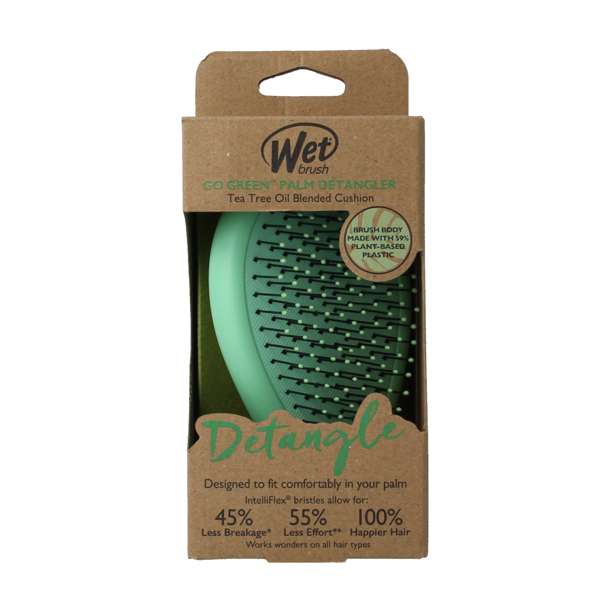 Wet Brush Go Green palm detangler brush with green tea tree oil, ideal for gentle hair detangling and scalp care.