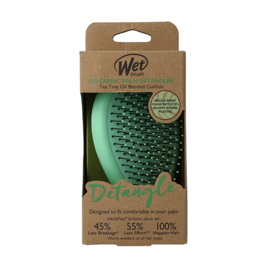 Wet Brush Go Green palm detangler brush with green tea tree oil, ideal for gentle hair detangling and scalp care.