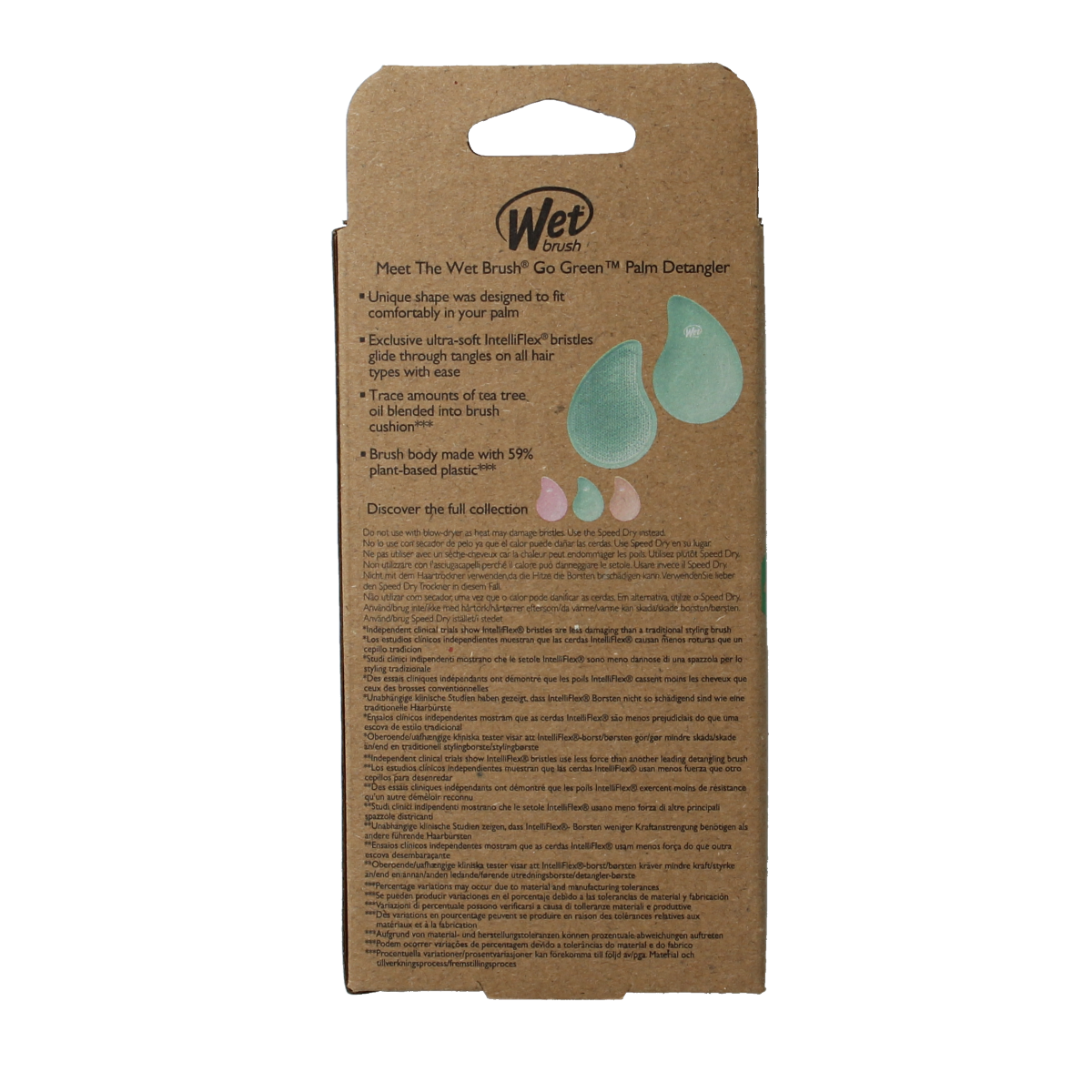 Wet Brush Go green palm detangler brush with green tea tree oil, shown in close-up image, designed for gentle hair detangling.