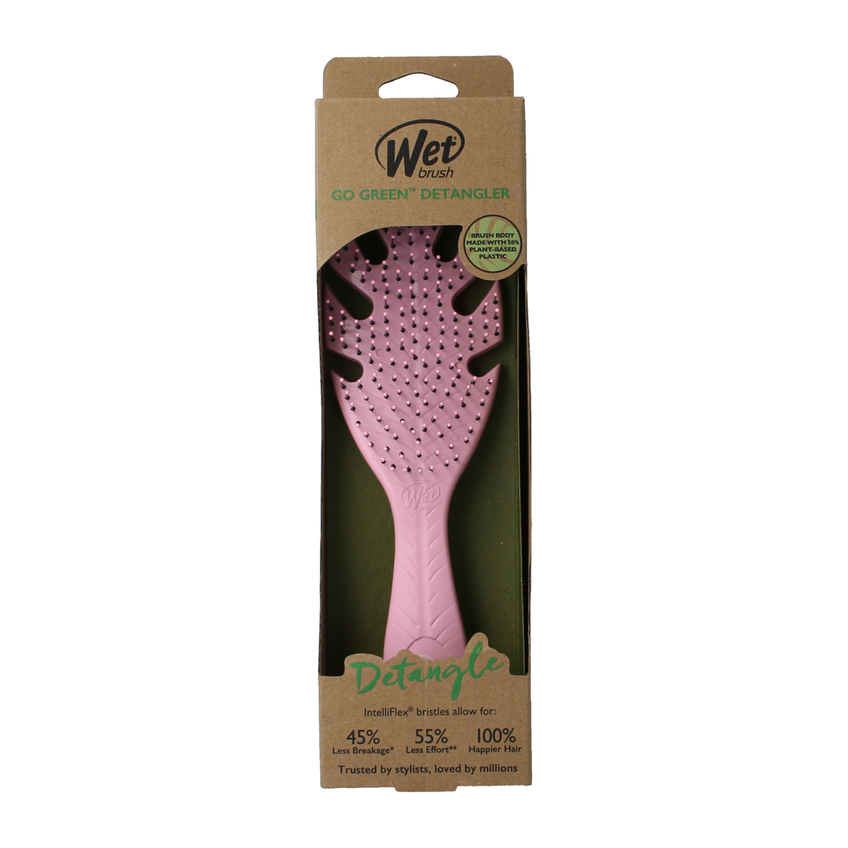 Wet Brush Go Green pink detangler brush, lightweight and easy to use, shown in the image with soft bristles and ergonomic handle.