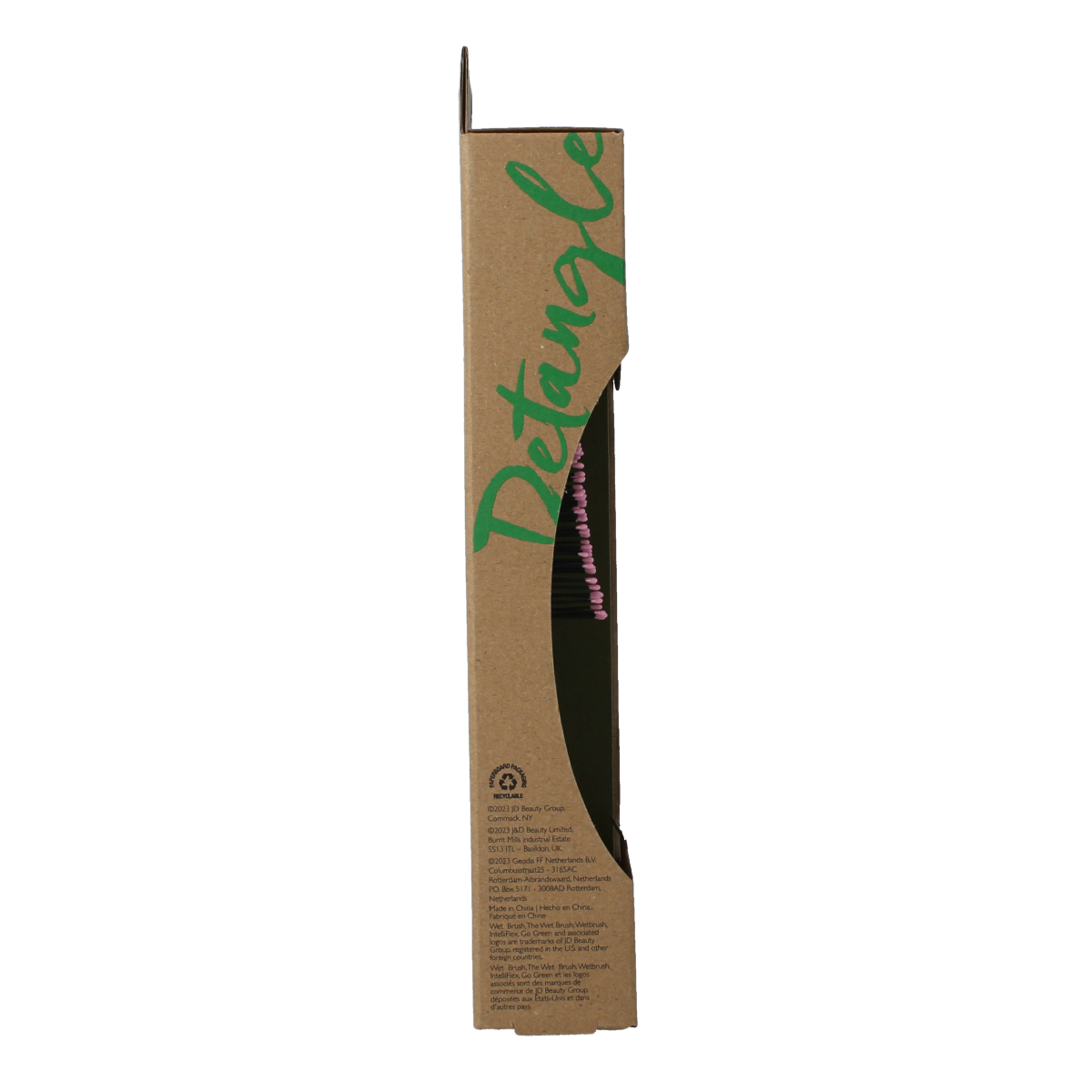 Wet Brush Go Green pink detangler brush for easy hair detangling, shown in a close-up image.