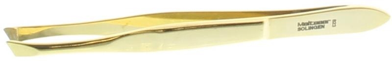 Malteser Pincet 8cm verguld, scheef gedrukt, staalwaren, close-up of gold-plated tweezers with angled tips.