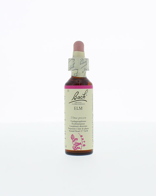 Bach Elm herbal remedy in a 20ml bottle, part of Bach's herbal preparations, with a clear glass bottle and label visible.