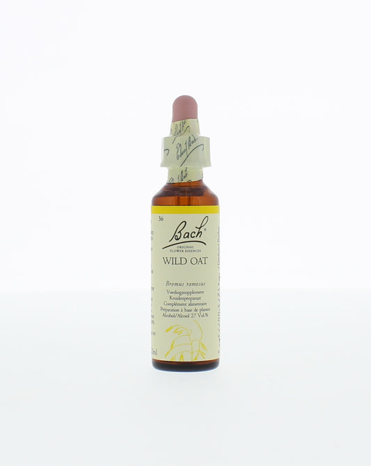 Bach Wild Oat herbal remedy bottle, 20ml, showing the label with product and brand information for Bach kruidenpreparaten.
