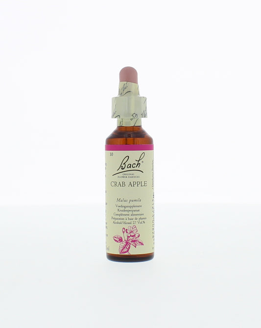 Bach Crab Apple herbal preparation bottle, 20ml, with a label showing herbal ingredients and brand logo.