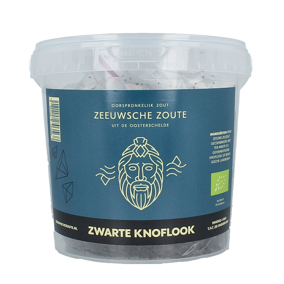 Zeeuwsche Zoute black garlic sea salt in a 1kg package, natural seasoning with black garlic and sea salt for flavorful dishes.