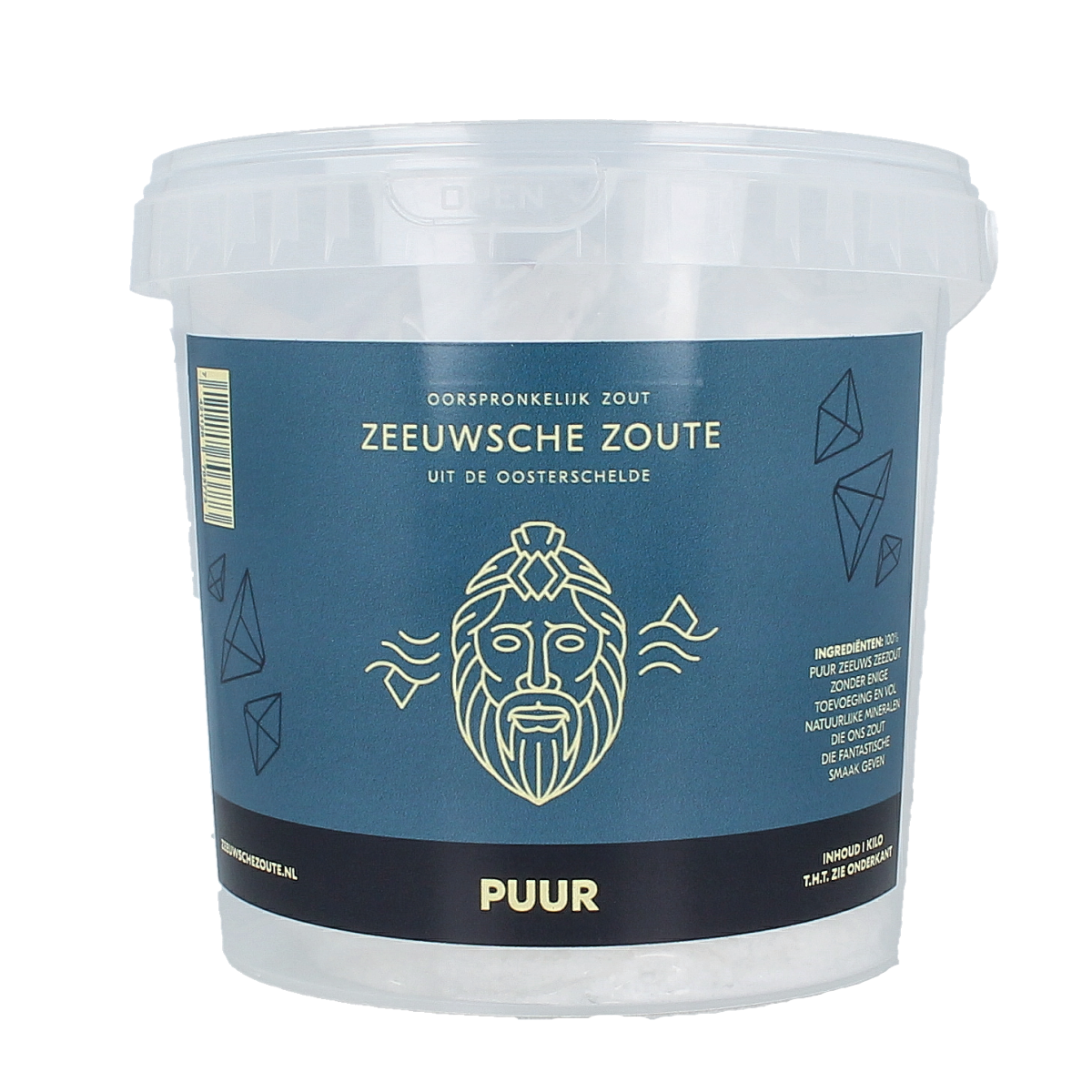 Zeeuwsche Zoute Puur zout in emmer, 1 kg, natural sea salt for cooking and seasoning, in a white plastic bucket.
