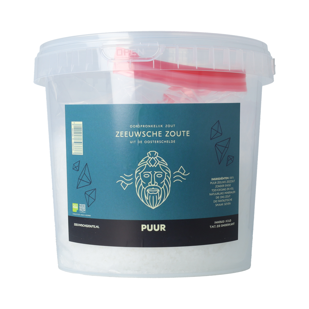Zeeuwsche Zoute pure zout in emmer, 1 kg, with visible coarse sea salt crystals, ideal for culinary use.