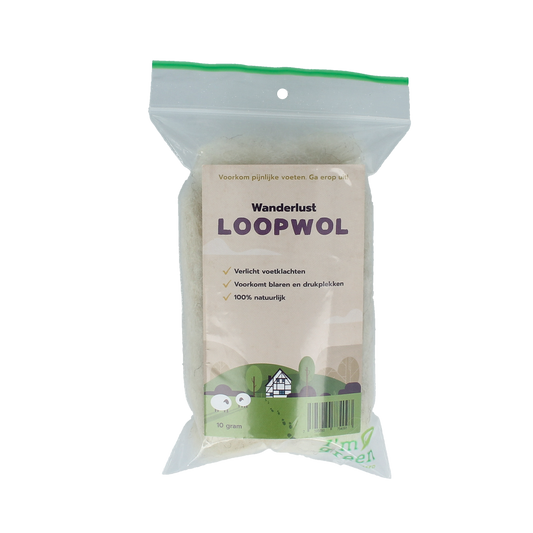 Wanderlust Voetverzorging Wanderlust Loopwol 10g, natural foot care product with soft, breathable fibers for foot comfort and hygiene.