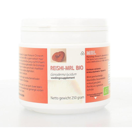Organic MRL Reishi powder in a 250g package, featuring dried Reishi mushroom slices and powder for herbal supplement use.