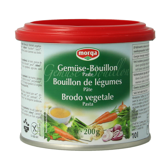 Morga Groentebouillon paste in 200g jar, featuring fresh vegetables and herbs for flavorful soups and broths.