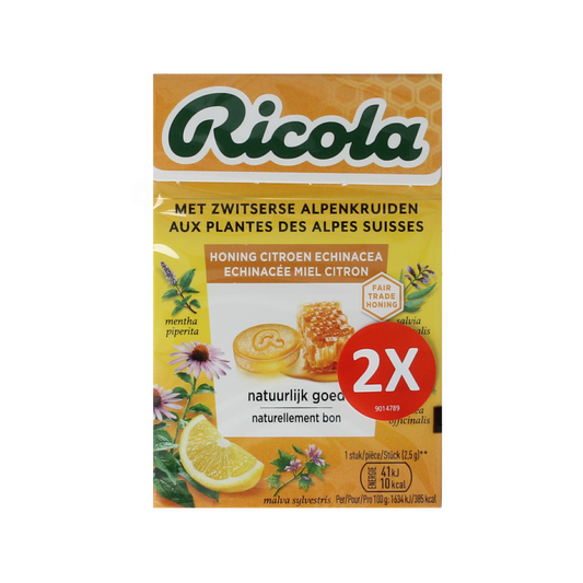Ricola Honing Citroen Echinacea duo pack of 100g Swiss herbal candy, featuring lemon honey and echinacea flavors.